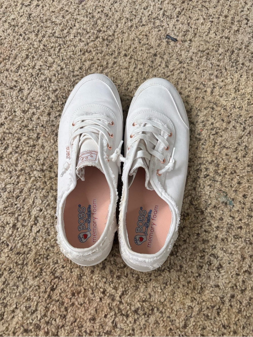 BOBS from Skechers White Canvas Lace-Up Sneakers with Rose Gold Accents